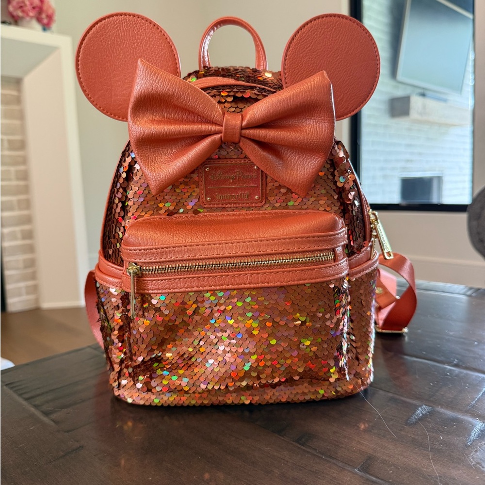 Loungefly Disney Parks Minnie Rose Gold Sequin Mini Backpack